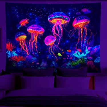 Imagem de NYZE Tapeçaria de luz negra que brilha no escuro, pôster legal, paisagem, fácil de pendurar, decoração de parede para sala de estar, dormitório, casa (água-viva, 150 x 129 cm)