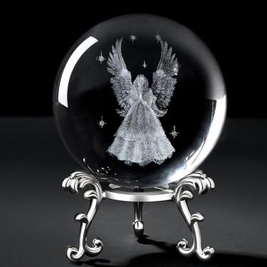 Imagem de MAIBAOTA Presentes de anjo de cristal 3D para mulheres, estatuetas de anjo de 60 mm, bola a laser de vidro, peso de papel com esfera de vidro com suporte