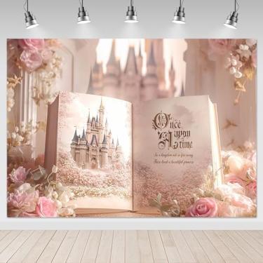 Imagem de Mocsicka Once Upon Time Pano de fundo de livro de conto de fadas, decoração de pano de fundo, tema de castelo de princesa rosa, aniversário, festa de casamento, acessórios fotográficos (2,1 x 1,5 m)