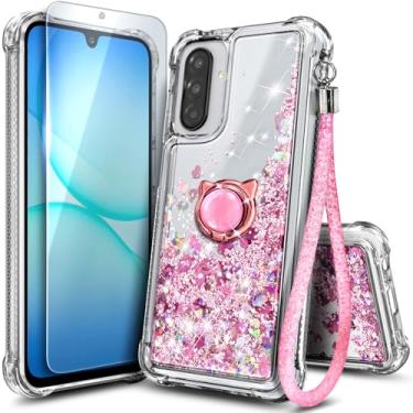 Imagem de Capa de telefone NGB projetada para Samsung Galaxy A17 5G, ouro rosa | Capa fofa com glitter líquido brilhante para mulheres e crianças | com protetor de tela, suporte de anel e cordão de pulso