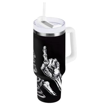 Imagem de SEHANY Copo Skull Gothic de 1,134 g com alça, copo isolado de aço inoxidável de parede dupla, à prova de vazamento, caneca de café isolada para viagem, cabe no suporte de copo de carro