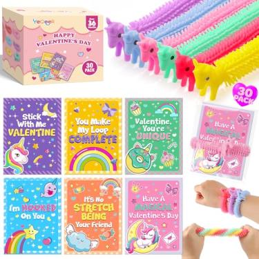 Imagem de Valentines Day Cards for Kids Classroom Exchange - 30 Pack Unicorn Valentine Cards with Stretchy String Bracelet Toys, School Valentines Gifts for Boys Girls
