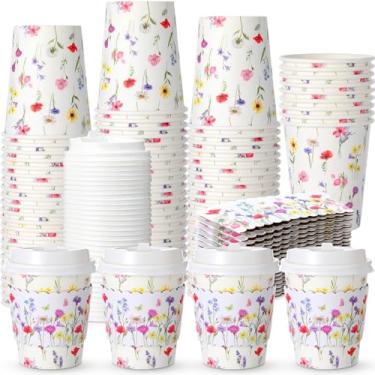 Imagem de AmazingSpark 100 conjuntos de copos de café florais descartáveis de 227 g com tampas e mangas de papel de flores silvestres xícaras de café quente para festa de primavera, recepção de casamento, chá