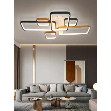 Imagem de Luminária de teto LED embutida retangular moderna nas cores preto e dourado, com controle remoto e intensidade regulável, ideal para sala de estar, quarto, sala de jantar e cozinha (6 lâmpad
