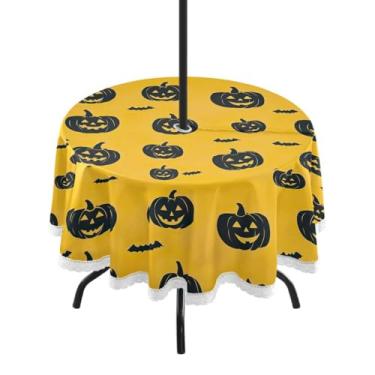 Imagem de Wassud Toalha de mesa redonda para uso ao ar livre com orifício para guarda-chuva, abóboras pretas, toalhas de mesa de 152 cm para aniversário, casa de fazenda, cozinha