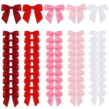 Imagem de TONIFUL Conjunto de 50 peças de laços de fita de cetim vermelho e rosa, laços torcidos de 11,4 cm para embrulho de presente, bolos, artesanato, garrafas, dia dos namorados, casamento, chá de bebê