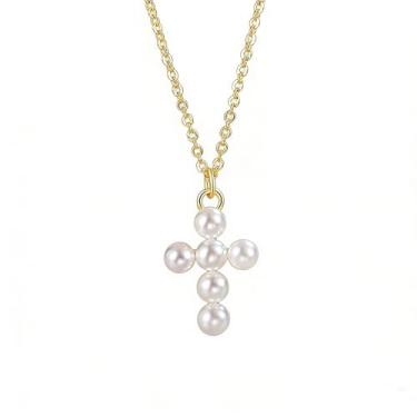 Imagem de LKANF Colar de cruz para mulheres, colar delicado com pingente de cruz banhado a ouro 14 K, gargantilha simples e fofa de cruz de prata para presentes de Páscoa, fé religiosa, cristã, joias