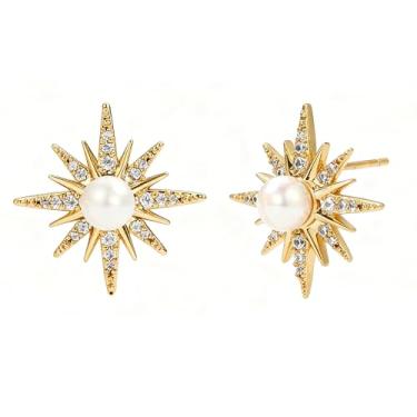 Imagem de Brincos femininos banhados a ouro 18 K, brincos delicados com zircônia cúbica, brincos pequenos e fofos de pérolas, minimalistas, modernos, joias celestiais, presentes para mulheres