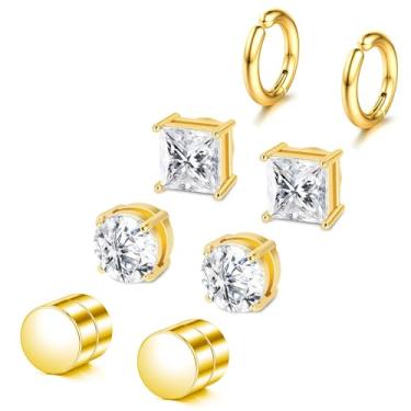 Imagem de SIISPRI Brincos magnéticos para homens e mulheres, 4 pares de brincos de pressão hipoalergênicos brilhantes de zircônia cúbica unissex não perfurados brincos de orelha de ouro falso conjunto de