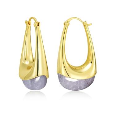 Imagem de SNGIA Brincos femininos longos ovais grossos banhados a ouro 18 K com pedras preciosas de resina colorida da SNGIA, (verde, marrom, azul, rosa, branco, creme), joias boêmias irregulares exageradas