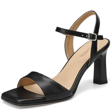 Imagem de SLXCHBSL Sandálias femininas de salto com tiras, salto bloco, bico aberto, tira no tornozelo, salto social, para festas de casamento casuais, Preto, 35