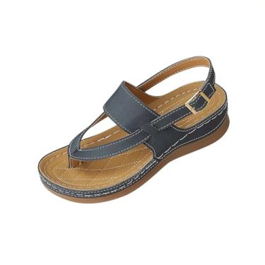 Imagem de Sandálias femininas modernas, casuais, estilo verão, cor sólida, boca de peixe, plataforma grossa, Azul marino, 34