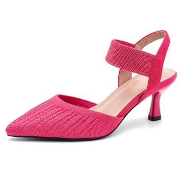 Imagem de Enelauge Sandália feminina de bico fechado, salto baixo, de malha, com tira elástica no tornozelo, bico fino, para casamento, formatura, Rosa choque, 39