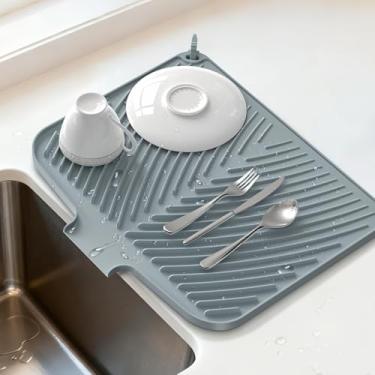 Imagem de Belife Tapete de secagem de pratos para balcão de cozinha, escorredor de pratos de silicone, escorredor de pratos antiderrapante sob a pia, tábua de secagem de pedras pequenas resistente ao calor (43