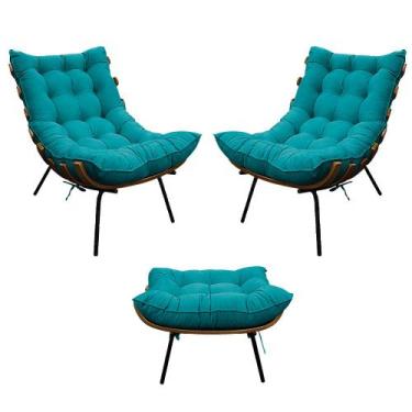 Imagem de Kit 02 Poltronas e Puff Costela Base Fixa Suede Azul Turquesa - Doce S