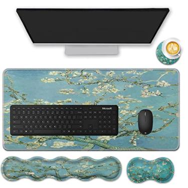 Imagem de FGDRFGRW Conjunto de mouse pad, (31,5 × 11,20 cm) + suporte de descanso de pulso para teclado + descanso de pulso para mouse + porta-copos para escritório, casa, computador, laptop - 4 flores de
