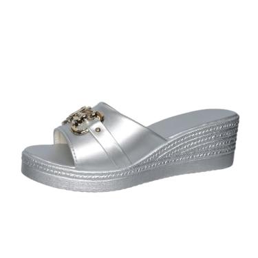 Imagem de Sandálias femininas de salto plataforma com fivela de metal em vários tons, leves e confortáveis para uso casual primavera verão, Prata, 36