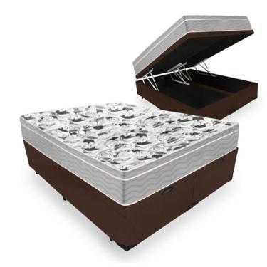 Imagem de Cama Box Com Baú Queen Bipartido Tecido Sintético Marrom com Colchão De Molas Ensacadas - Probel - Evolution 158cm