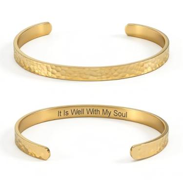 Imagem de cusurlove Pulseira feminina com versículo da Bíblia inspiradora martelada banhada a ouro 18 K, presente de joia de fé cristã, ajustável, não mancha, Medium, Aço inoxidável, Sem Pedra Preciosa