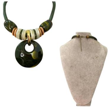 Imagem de Colar Maxi Feminino Pedra Resina Fio Encerado kit com brinco - MLBpel,