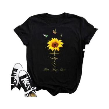 Imagem de Camiseta Feminina Preta Com Estampa De Borboleta E Girassol Kawaii, Co