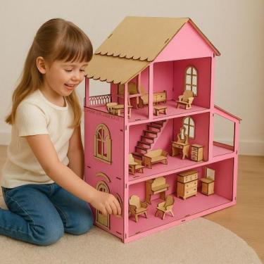 Imagem de Casa Rosa Madeira Mdf Com Móveis Desenho Infantil Crianças Quarto - Pi