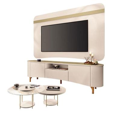 Imagem de Rack Bancada Elara E Painel Armony Off White Champanhe Com Kit Mesa De Centro Sky Off White - Hb Móveis