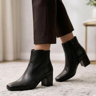 Imagem de Bota Feminina Bico Quadrado Salto Medio Grosso Cano Curto Ziper Moda C