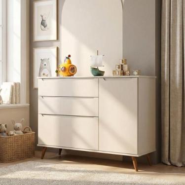 Imagem de Cômoda Infantil 100% MDF com 3 Gavetas e 1 Porta Retrô Melinda Off Whi