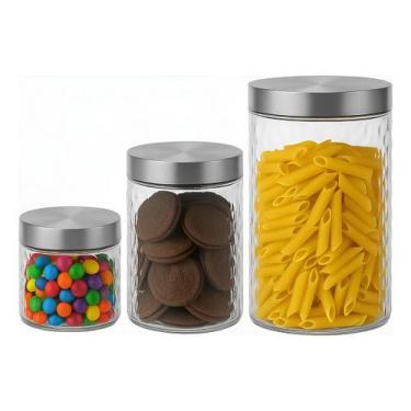 Imagem de Kit 3 Potes Vidro Transparente com Tampa Inox Organizador de Mantiment