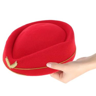 Imagem de Chapéu feminino de comissária de bordo de lã para aeromoça de aeromoça para cosplay e performance musical, Vermelho, tamanho �nico