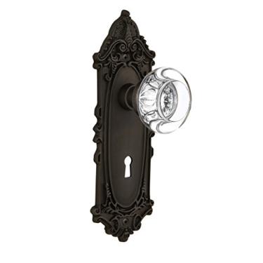 Imagem de Nostalgic Warehouse Placa vitoriana com botão redondo de vidro transparente com abertura de fechadura, 5,7 cm, bronze polido a óleo