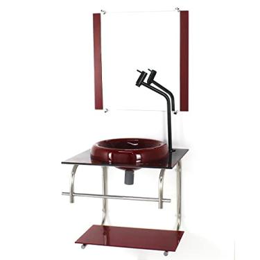 Imagem de GABINETE DE VIDRO 40CM INOX MARMORE AVERMELHADO COM TORNEIRA METAL PRETA