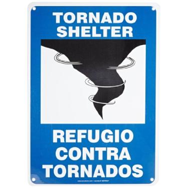 Imagem de Accuform Placa bilíngue espanhola de alumínio SBMFEX553VA, Legend "TORNADO SHELTER/REFUGIO CONTRA TORNADOS" com gráfico, 35,5 cm de comprimento x 25,4 cm de largura, azul/preto no branco