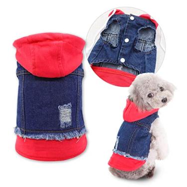 Imagem de SILD Roupas para animais de estimação, jaqueta jeans para cães e gatos, moletom com capuz para cães pequenos e médios (azul vermelho P)