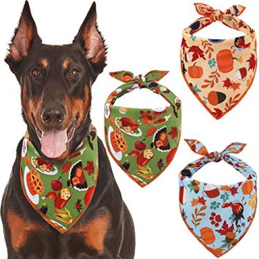 Imagem de Odi Style Bandanas para cães de Ação de Graças – Pacote com 3 fantasias para cães de Ação de Graças marrom azul-petróleo laranja para cães pequenos, médios e grandes, bandana com estampa de abóbora de peru de feriado, lenços de cachorro triangulares