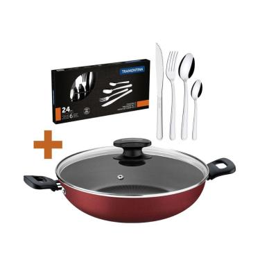 Imagem de KIT - Panela Wok Alumínio 28Cm Loreto Vermelho + 1 Faqueiro Inox 24pç - Tramontina