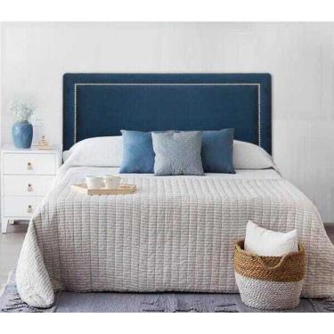Imagem de Cabeceira Estofada Reta Luxo com Tachas - Queen Suede Azul Marinho