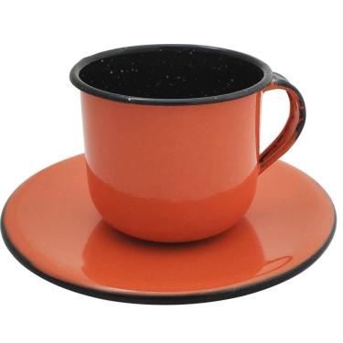 Imagem de Caneca Esmaltada Xícara Com Pires Para Chá Café 180ml Laranja