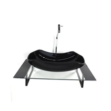 Imagem de KIT CUBA DE VIDRO ABAULADA COM TAMPO 60CM PRETO E SUPORTE TORNEIRA VALVULA