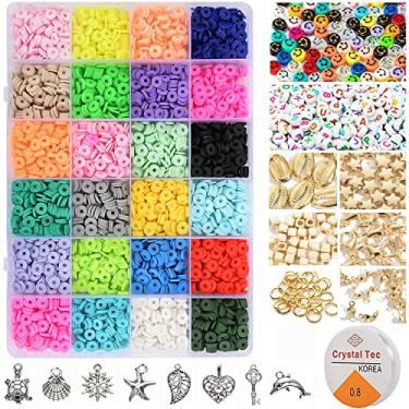 Imagem de 3600 peças de contas de argila para kit de fabricação de pulseiras, contas de argila de polímero redondas planas de 24 cores contas de Heishi com espaçador de 6 mm com pingentes e cordas elásticas para kit de fabricação de joias suprimentos de artesanato
