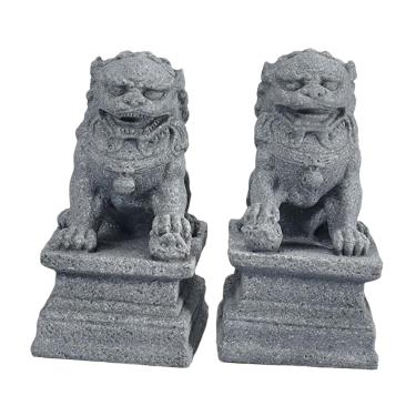 Imagem de SM SunniMix 2 peças estátuas de leão estilo chinês esculturas de jardim paisagem em miniatura arenito decoração de casa ornamentos para quintal varanda gramado ao ar livre