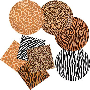 Imagem de Gatherfun Artigos de festa com estampa de animais selva zoológico, pratos de papel descartáveis de safári e guardanapos para festa de aniversário, chá de bebê e festa temática safári selva, serve 48