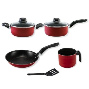 Imagem de Jogo de Panelas Vermelho Antiaderente Pequeno 5 Peças: Caneco 12cm Panela 16cm Caçarola 18cm Francesa 20cm 1 Espátula 25cm com Tampa de Vidro Não Gruda