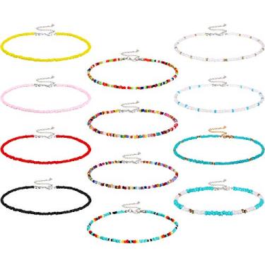 Imagem de Colar Hicarer 12 peças de gargantilha de contas de semente boêmia Colar de contas coloridas Colares de gargantilha de contas de praia arco-íris para mulheres