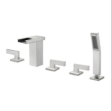 Imagem de LIDON Torneira de Banheira LED Torneira de Enchimento de Banheira de Cachoeira 3 Alças Torneira de Banheira de 5 Furos Torneira de Banheira de Montagem de Deck de Latão Torneira Misturadora com Chuveiro de Mão e Mangueira de Chuveiro, Preto (Cor: Níquel Escovado)