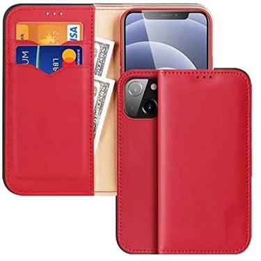 Imagem de TTUCFA Capa de telefone com função Flip Stent, para Apple iPhone 13 Mini (2021) couro de 5,4 polegadas [bloqueio de RFID] carteira [suporte de cartão] capa fólio (cor: vermelho)