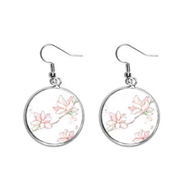 Imagem de Brinco de prata com pingente de flor e folhas de árvore de pêssego, joia feminina