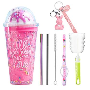 Imagem de seelucky Copo de viagem de sorvete com canudo menina copo congelador caneca gelada piquenique presente de festa de aniversário (sorvete roxo, 450 ml)