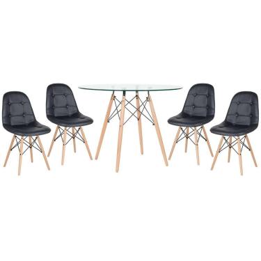 Imagem de Mesa jantar cozinha redonda com tampo de vidro Eames 100 cm + 4 cadeiras Eiffel Botonê